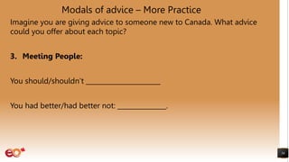 Modals of advice – More Practice
Imagine you are giving advice to someone new to Canada. What advice
could you offer about each topic?
3. Meeting People:
You should/shouldn’t _______________________
You had better/had better not: _______________.
56
 