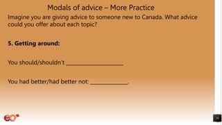 Modals of advice – More Practice
Imagine you are giving advice to someone new to Canada. What advice
could you offer about each topic?
5. Getting around:
You should/shouldn’t _______________________
You had better/had better not: _______________.
58
 
