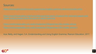 Sources:
65
https://learnenglish.britishcouncil.org/grammar/english-grammar-reference/modal-verbs
https://www.khanacademy.org/humanities/grammar/parts-of-speech-the-verb/verb-aspect-and-
modal-verbs/v/modal-verbs-the-parts-of-speech-grammar
https://continuingstudies.uvic.ca/elc/studyzone/330/grammar/330-modals-advice/
https://continuingstudies.uvic.ca/elc/studyzone/330/grammar/330-modals-advice1/
Azar, Betty, and Hagen, S.A. (Understanding and Using English Grammar, Pearson Education, 2017.
 