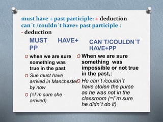 must have + past participle: + deduction
can´t /couldn´t have+ past participle :
- deduction
MUST HAVE+
PP
CAN´T/COULDN´T
HAVE+PP
O when we are sure
something was
true in the past
O Sue must have
arrived in Manchester
by now
O (=I´m sure she
arrived)
O When we are sure
something was
impossible or not true
in the past,:
O He can´t /couldn´t
have stolen the purse
as he was not in the
classroom (=I´m sure
he didn´t do it)
 
