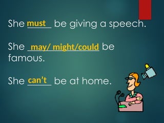 She _____ be giving a speech.
She _______________ be
famous.
She _____ be at home.
must
may/ might/could
can’t
 