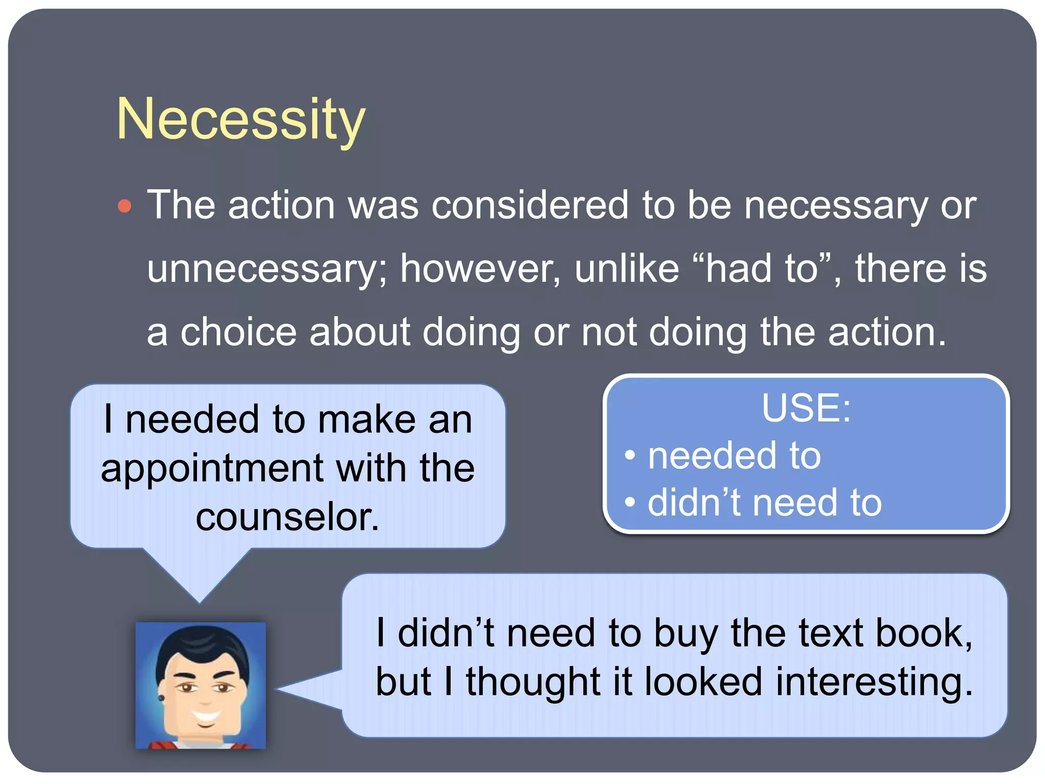 Necessity
 The action was considered to be necessary or
  unnecessary; however, unlike “had to”, there is
  a choice about doing or not doing the action.

I needed to make an                  USE:
appointment with the        • needed to
     counselor.             • didn’t need to


              I didn’t need to buy the text book,
              but I thought it looked interesting.
 