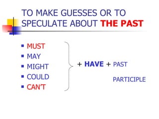 TO MAKE GUESSES OR TO SPECULATE ABOUT  THE PAST MUST MAY MIGHT  COULD CAN’T +  HAVE  +  PAST    PARTICIPLE 