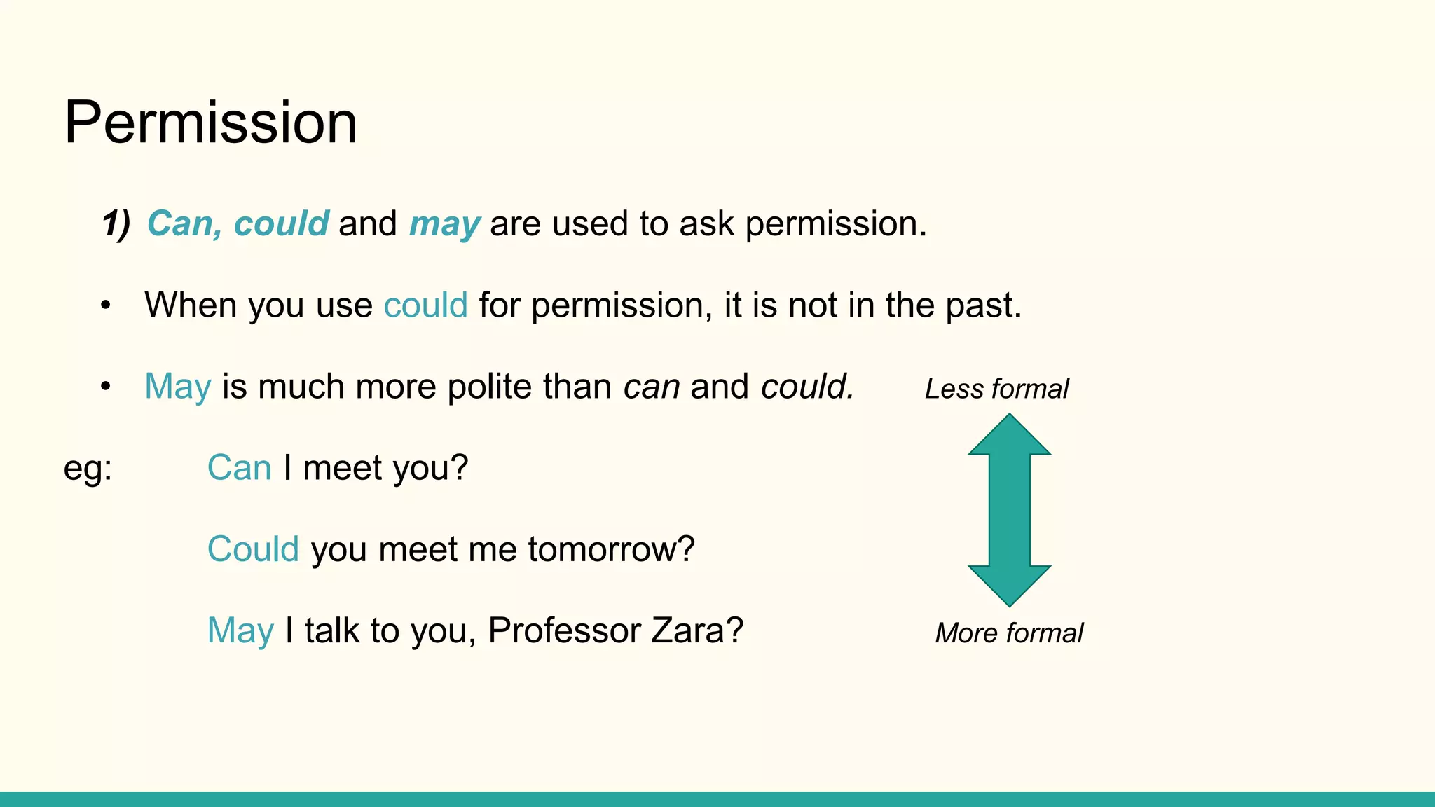 Permission
1) Can, could and may are used to ask permission.
• When you use could for permission, it is not in the past.
• May is much more polite than can and could. Less formal
eg: Can I meet you?
Could you meet me tomorrow?
May I talk to you, Professor Zara? More formal
 