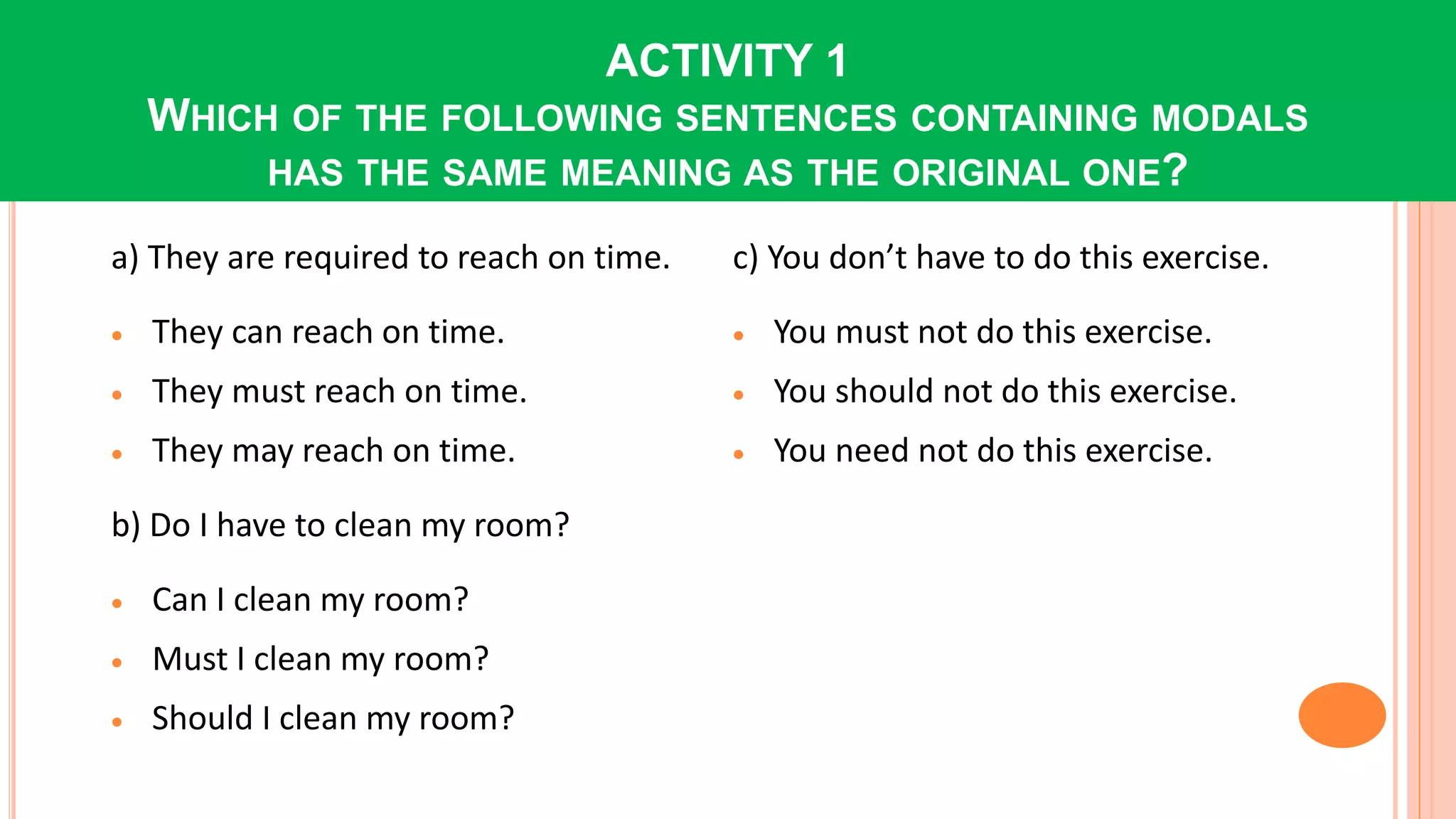 ACTIVITY 1
WHICH OF THE FOLLOWING SENTENCES CONTAINING MODALS
HAS THE SAME MEANING AS THE ORIGINAL ONE?
a) They are required to reach on time.
 They can reach on time.
 They must reach on time.
 They may reach on time.
b) Do I have to clean my room?
 Can I clean my room?
 Must I clean my room?
 Should I clean my room?
c) You don’t have to do this exercise.
 You must not do this exercise.
 You should not do this exercise.
 You need not do this exercise.
 
