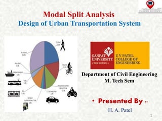Modal Split Analysis
• Presented By :-
H. A. Patel
1
Design of Urban Transportation System
Department of Civil Engineering
M. Tech Sem
 