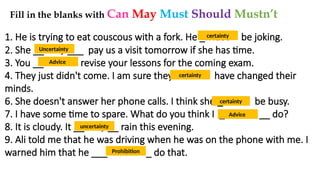 1. He is trying to eat couscous with a fork. He _must be joking.
2. She __ may ___ pay us a visit tomorrow if she has time.
3. You __ should revise your lessons for the coming exam.
4. They just didn't come. I am sure they must have changed their
minds.
6. She doesn't answer her phone calls. I think she _ must be busy.
7. I have some time to spare. What do you think I _ should __ do?
8. It is cloudy. It __ may __ rain this evening.
9. Ali told me that he was driving when he was on the phone with me. I
warned him that he ___ mustn't _ do that.
Fill in the blanks with Can May Must Should Mustn’t
certainty
certainty
certainty
Uncertainty
Advice
uncertainty
Advice
Prohibition
 