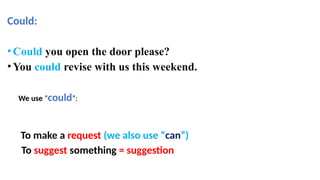Could:
•Could you open the door please?
•You could revise with us this weekend.
To make a request (we also use “can”)
We use “could”:
To suggest something = suggestion
 