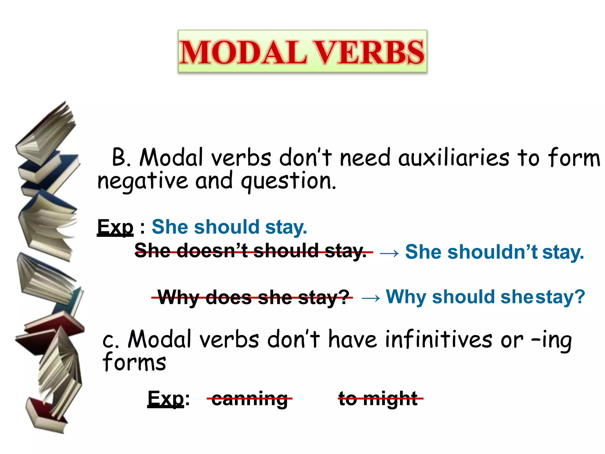 MODAL VERBS
B. Modal verbs don’t need auxiliaries to form
negative and question.
Exp : She should stay.
She doesn’t should stay. → She shouldn’t stay.
Why does she stay? → Why should shestay?
c. Modal verbs don’t have infinitives or –ing
forms
Exp: canning to might
 