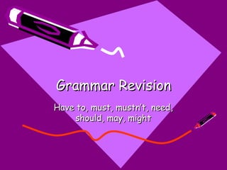 Grammar Revision
Have to, must, mustn’t, need,
     should, may, might
 