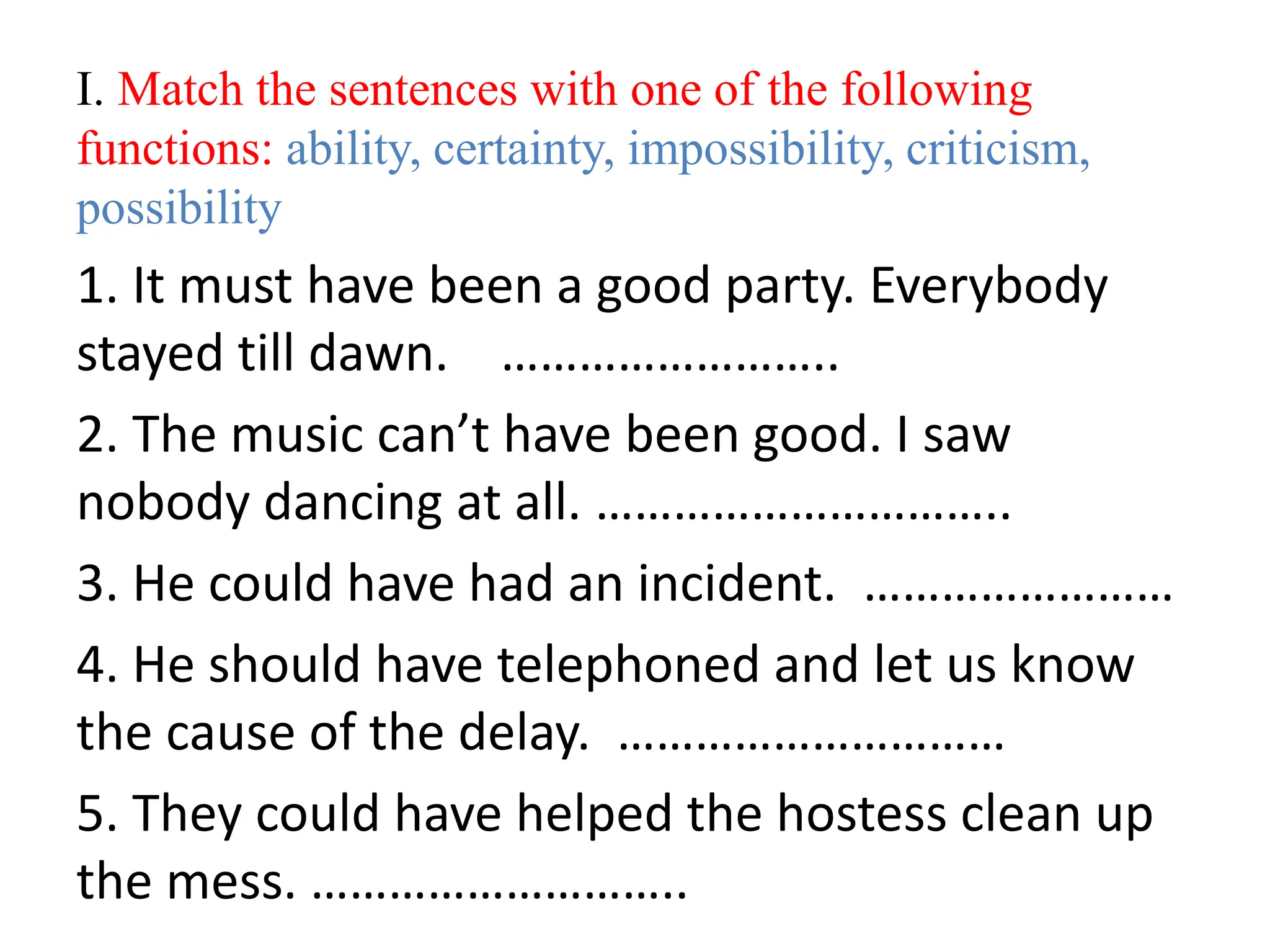 I. Match the sentences with one of the following
functions: ability, certainty, impossibility, criticism,
possibility
1. It must have been a good party. Everybody
stayed till dawn. ……………………..
2. The music can’t have been good. I saw
nobody dancing at all. …………………………..
3. He could have had an incident. ……………………
4. He should have telephoned and let us know
the cause of the delay. …………………………
5. They could have helped the hostess clean up
the mess. ………………………..
 