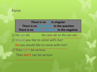 Form
He can ski He cans ski or He can skis
Would you like to come with me?
Do you would like to come with me?
They can’t be serious
They don’t can be serious
There is no “s” in singular
There is no “do / does” in the question
There is no “don’t / doesn’t” in the negative
 