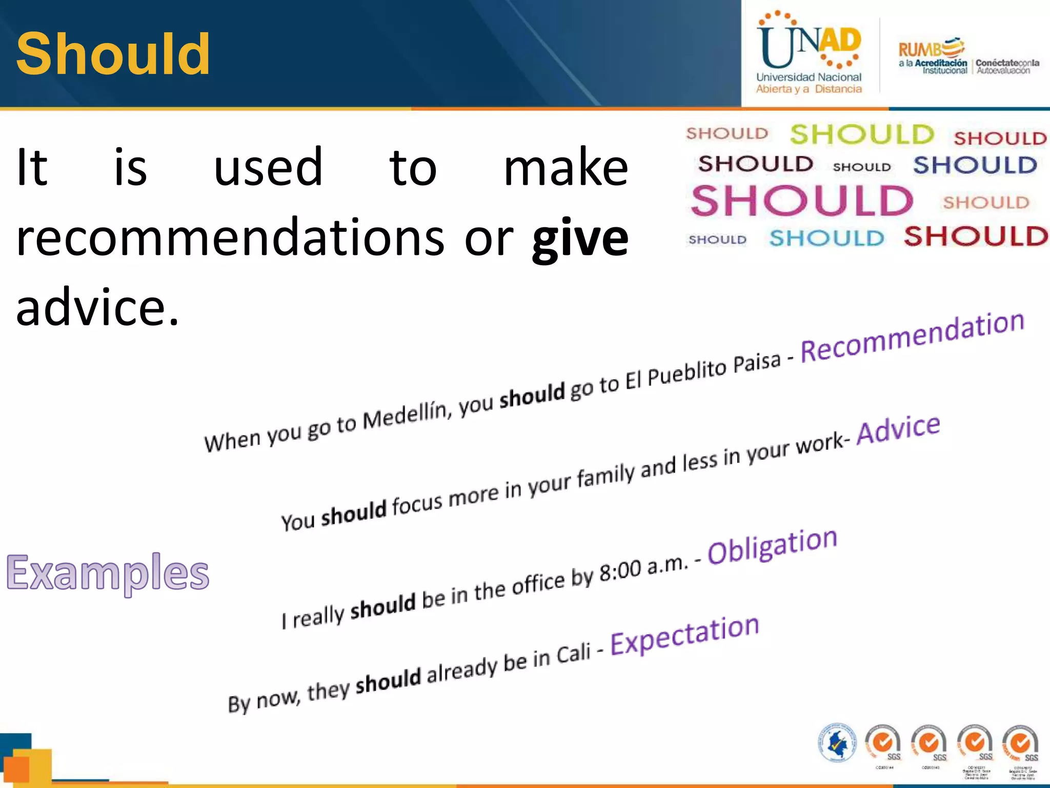 Should
It is used to make
recommendations or give
advice.