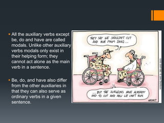  All the auxiliary verbs except
be, do and have are called
modals. Unlike other auxiliary
verbs modals only exist in
their helping form; they
cannot act alone as the main
verb in a sentence.
 Be, do, and have also differ
from the other auxiliaries in
that they can also serve as
ordinary verbs in a given
sentence.
 