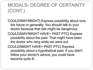 MODALS- DEGREE OF CERTAINTY
(CONT.)
COULD/MAY/MIGHT} Express possibility about now,
the future or generally: You should talk to your
doctor because that diet might be dangerous.
COULD/MAY/MIGHT HAVE+ PAST PTC} Express
possibility about the past: That might have been
the doctor who rang while we were out.
COULD/MIGHT HAVE+ PAST PTC} Express
possibility about a hypothetical past: If you didn't
follow your doctor's advice, you could have
become quite ill.
 