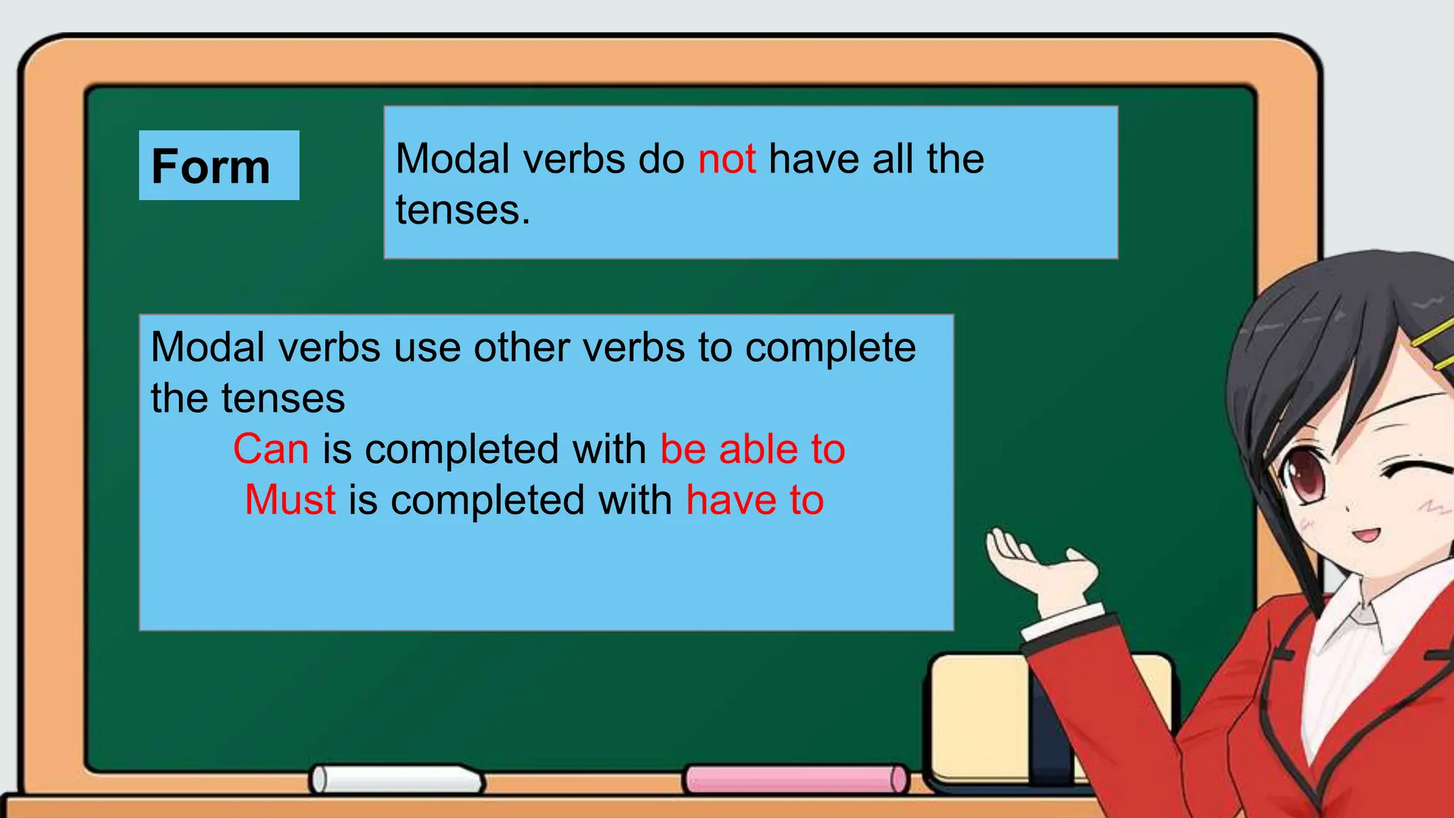 Modal verbs do not have all the
tenses.
Form
Modal verbs use other verbs to complete
the tenses
Can is completed with be able to
Must is completed with have to
 