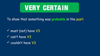 To show that something was probable in the past:
VERY CERTAIN
 must (not) have V3
 can’t have V3
 couldn’t have V3
 