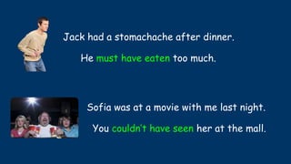 Jack had a stomachache after dinner.
Sofia was at a movie with me last night.
He must have eaten too much.
You couldn’t have seen her at the mall.
 