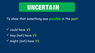 To show that something was possible in the past:
UNCERTAIN
 could have V3
 may (not) have V3
 might (not) have V3
 