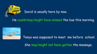 He could/may/might have missed the bus this morning.
Tanya was supposed to meet me before school.
David is usually here by now.
She may/might not have gotten the message.
 