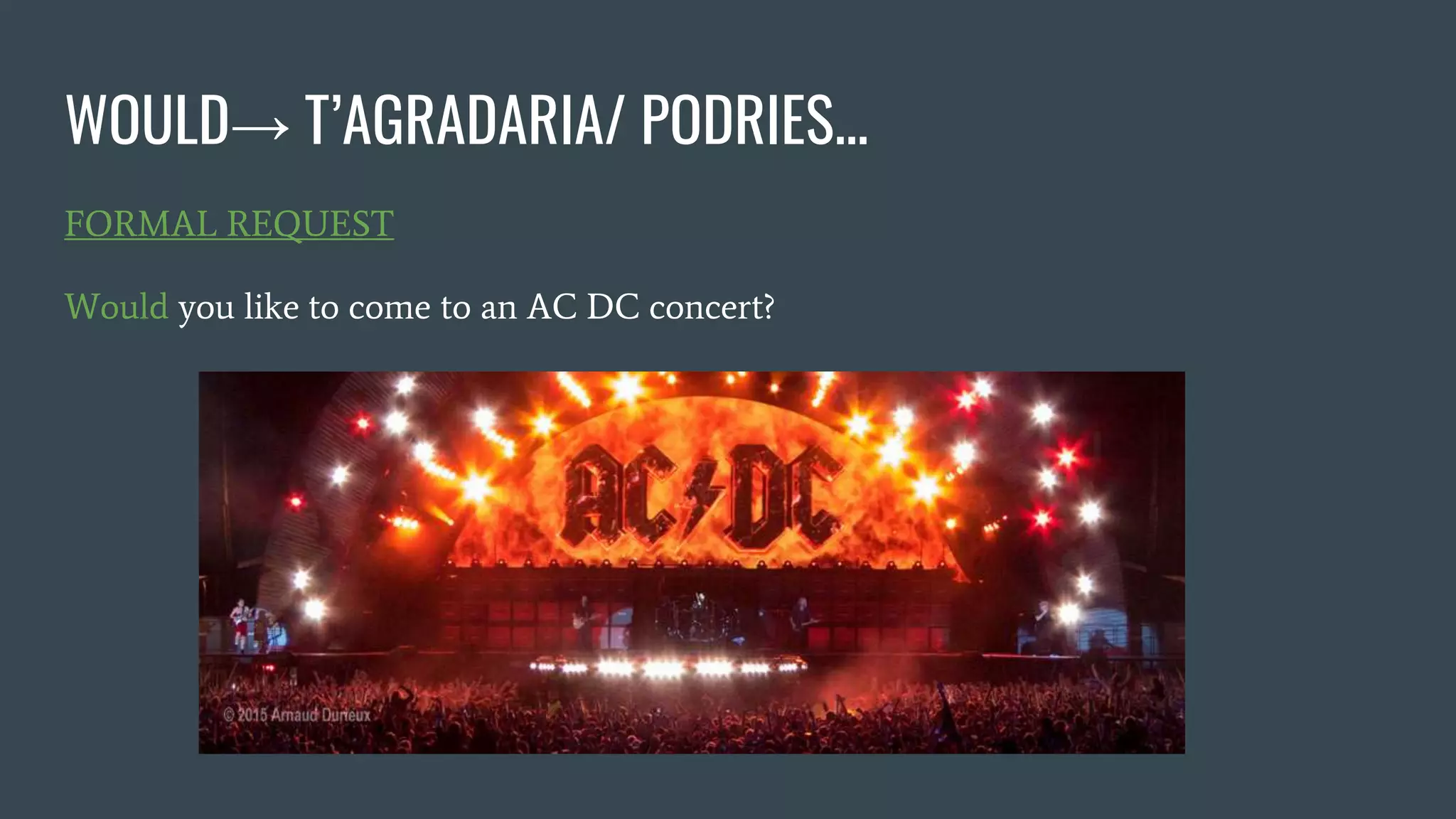 WOULD→ T’AGRADARIA/ PODRIES...
FORMAL REQUEST
Would you like to come to an AC DC concert?
 
