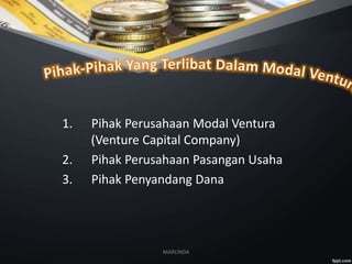 1. Pihak Perusahaan Modal Ventura
(Venture Capital Company)
2. Pihak Perusahaan Pasangan Usaha
3. Pihak Penyandang Dana
MARLINDA
 