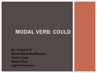 MODAL VERB: COULD
By : Group II ‘A’
María Fernanda Bósquez
Xavier Lopez
Sheyla Pino
Ingrid Pomatoca
 
