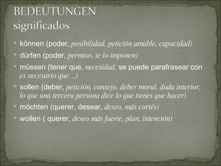 können (poder,  posibilidad, petición amable, capacidad) dürfen (poder,  permiso, te lo imponen) müssen (tener que,  necesidad,  se puede parafrasear   con  es necesario que…) sollen (deber,  petición, consejo, deber moral, duda interior, lo que una tercera persona dice lo que tienes que hacer) möchten (querer, desear,  deseo, más cortés) wollen ( querer,  deseo más fuerte, plan, intención) 