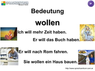 Bedeutung
         wollen
Ich will mehr Zeit haben.
       Er will das Buch haben.

Er will nach Rom fahren.

   Sie wollen ein Haus bauen.
                        http://www.sprachzentrum.com.ar
 