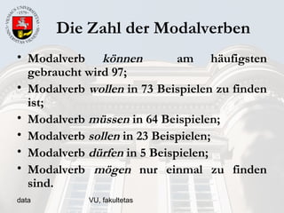 data VU, fakultetas
Die Zahl der Modalverben
• Modalverb können am häufigsten
gebraucht wird 97;
• Modalverb wollen in 73 Beispielen zu finden
ist;
• Modalverb müssen in 64 Beispielen;
• Modalverb sollen in 23 Beispielen;
• Modalverb dürfen in 5 Beispielen;
• Modalverb mögen nur einmal zu finden
sind.
 