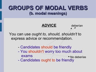 GROUPS OF MODAL VERBS  (b. modal meanings) ADVICE You can use  ought to, should, shouldn't  to express advice or recommendation. -  Candidates  should  be friendly - You  shouldn't  worry too much about    exams - Candidates  ought to  be friendly No deberías deberían 