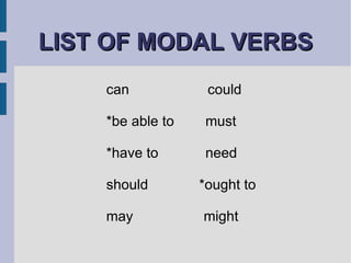 LIST OF MODAL VERBS can  could *be able to  must *have to  need should  *ought to may  might 