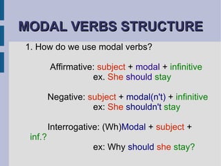 MODAL VERBS STRUCTURE 1. How do we use modal verbs? Affirmative:  subject  +  modal  +  infinitive ex.  She   should  stay Negative:  subject  +  modal(n't)  +  infinitive ex:  She   shouldn't  stay Interrogative: (Wh) Modal  +  subject  +  inf.? ex: Why  should   she  stay? 