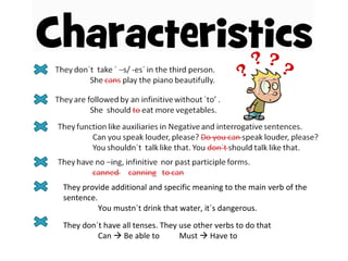 They provide additional and specific meaning to the main verb of the sentence. You mustn´t drink that water, it´s dangerous. They don´t have all tenses. They use other verbs to do that Can    Be able to  Must    Have to 
