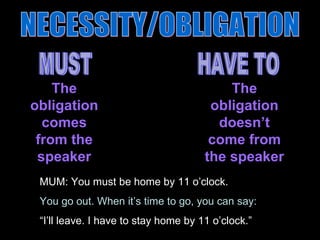 NECESSITY/OBLIGATION MUST HAVE TO The obligation comes from the speaker The obligation doesn’t come from the speaker MUM: You must be home by 11 o’clock. You go out. When it’s time to go, you can say: “ I’ll leave. I have to stay home by 11 o’clock.” 
