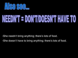 Also see... NEEDN'T = DON'T/DOESN'T HAVE TO She needn’t bring anything; there’s lots of food. She doesn’t have to bring anything; there’s lots of food. 