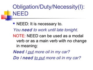 Obligation/Duty/Necessity(I):
NEED
 NEED: It is necessary to.
You need to work until late tonight.
NOTE: NEED can be used as a modal
verb or as a main verb with no change
in meaning:
Need I put more oil in my car?
Do I need to put more oil in my car?
 