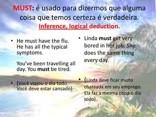 MUST: é usado para dizermos que alguma coisa que temos certeza é verdadeira.Inference, logicaldeduction.Linda mustgetverybored in herjob. She does thesamethingeveryday. (Linda deve ficar muito chateada em seu emprego. Ela faz a mesma coisa o dia todo). He musthavetheflu. He hasallthetypicalsymptoms.You’vebeentravellingallday. Youmustbetired. (Você viajou o dia todo. Você deve estar cansado). 