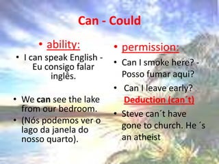 Can - Couldability:I canspeakEnglish - Eu consigo falar inglês.Wecanseethelakefromourbedroom. (Nós podemos ver o lago da janela do nosso quarto). permission: Can I smokehere? - Posso fumar aqui?Can I leaveearly?Deduction (can´t)Steve can´t havegone to church. He ´s anatheist