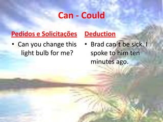 Can - CouldPedidos e SolicitaçõesCanyouchangethis light bulb for me?DeductionBrad can´t besick. I spoke to himten minutes ago.
