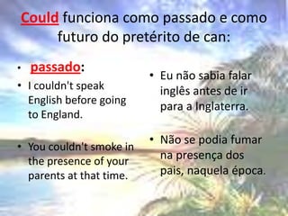 Could funciona como passado e como futuro do pretérito de can:passado: I couldn'tspeakEnglishbeforegoing to England. Youcouldn'tsmoke in thepresenceofyourparentsatthat time. Eu não sabia falar inglês antes de ir para a Inglaterra. Não se podia fumar na presença dos pais, naquela época.
