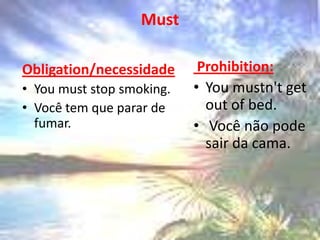 MustProhibition: Youmustn'tget out ofbed.  Você não pode sair da cama.Obligation/necessidadeYoumuststop smoking. Você tem que parar de fumar.
