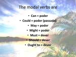 The modal verbs are Can = poderCould = poder (passado)May = poderMight = poderMust = dever Should = dever Ought to = dever