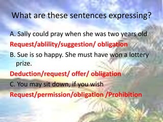 What are thesesentencesexpressing?A. Sally couldpraywhenshewastwoyearsoldRequest/ablility/suggestion/ obligationB. Sue is sohappy. Shemusthavewon a lotteryprize.Deduction/request/ offer/ obligationC. Youmaysitdown, ifyouwishRequest/permission/obligation /Prohibition