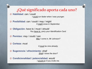 ¿Qué significado aporta cada uno?
O Habilidad: can / could
I could run faster when I was younger.
O Posibilidad: can / could / may / might
It might snow in September.
O Obligación: have to / must / should
You have to carry your Identification Card.
O Permiso: may / could / can
May I come in, Mr Johnson?
O Certeza: must
It must be nine already.
O Sugerencia / ofrecimiento: shall
Shall I close the door?
O Condicionalidad / potencialidad: would
I would go if you invite me.
 