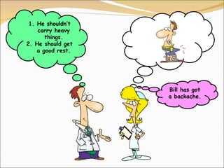1. He shouldn’t
    carry heavy
       things.
2. He should get
    a good rest.




                   Bill has got
                   a backache.
 