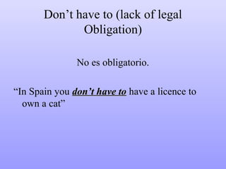Don’t have to (lack of legal
Obligation)
No es obligatorio.
“In Spain you don’t have to have a licence to
own a cat”

 