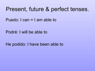 Present, future & perfect tenses.
Puedo: I can = I am able to
Podré: I will be able to
He podido: I have been able to

 