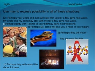Inglês Modal Verbs 
Use may to express possibility in all of these situations: 
Ex: Perhaps your uncle and aunt will stay with you for a few days next week. 
My uncle and my aunt may stay with me for a few days next week. 
a)Perhaps Betty won’ t come to your birthday party next weekend. 
b) Perhaps Mr. stone will give you a raise in your salary. 
c) Perhaps they will never 
find the cure for Aids. 
d) Perhaps they will cancel the 
show if it rains. 
 