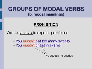 GROUPS OF MODAL VERBS 
(b. modal meanings) 
PROHIBITION 
We use mustn't to express prohibition 
- You mustn't eat too many sweets 
- You mustn't cheat in exams 
No debes / no puedes 
 